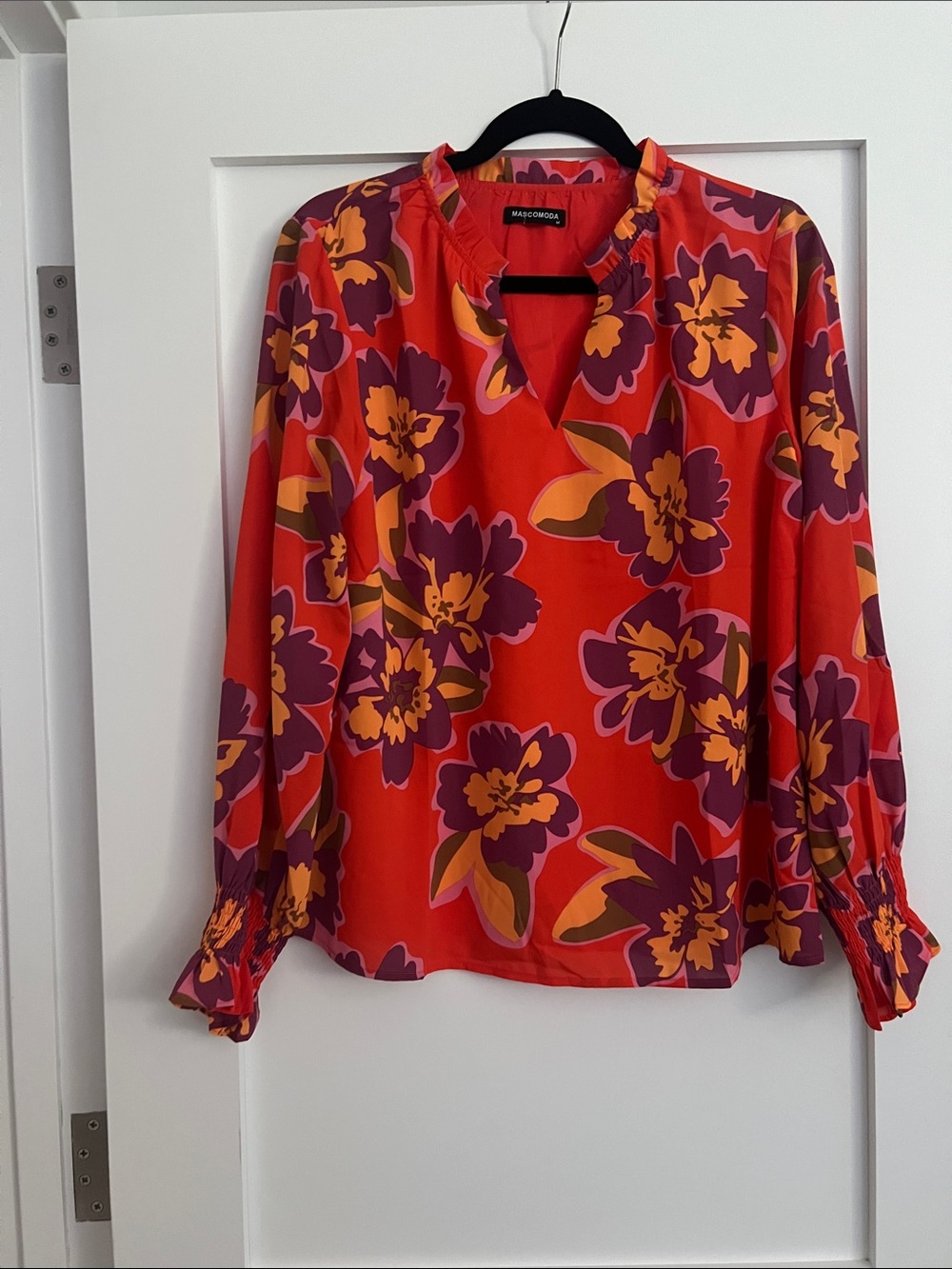 Floral Orange V-Neck Long-Sleeve Blouse